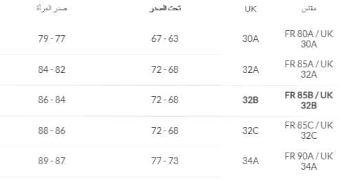 مقاسات الصدريات من متجر فوغا كلوسيت