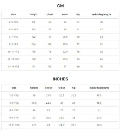 جدول مقاسات ملابس ممزورلد