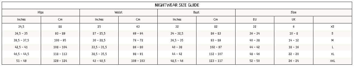دليل قياسات نعومي ملابس النوم