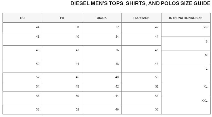 قياسات موقع diesel لملابس القطع العلوية الرجالي