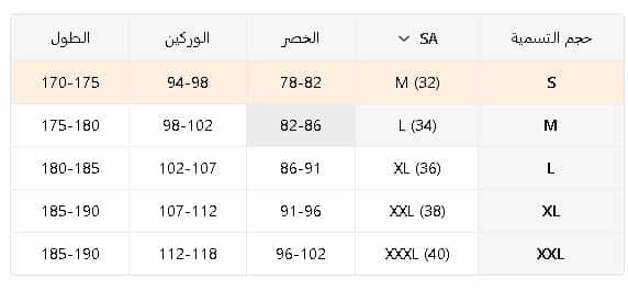 مقاسات البناطيل الرجالى من تيمو