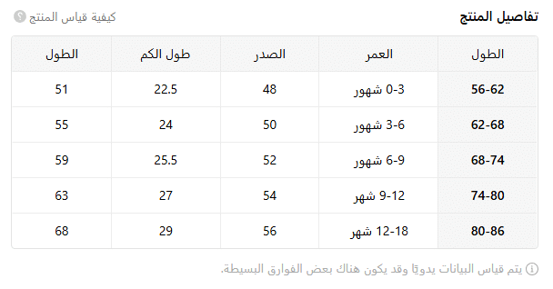 مقاسات ملابس البيبي على تيمو